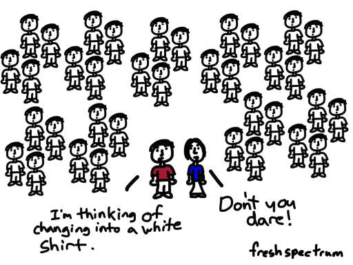 Cartoon - I'm thinking of hanging into a white shirt...(surrounded by lots of people just like him in white shirts)...don't you dare.
