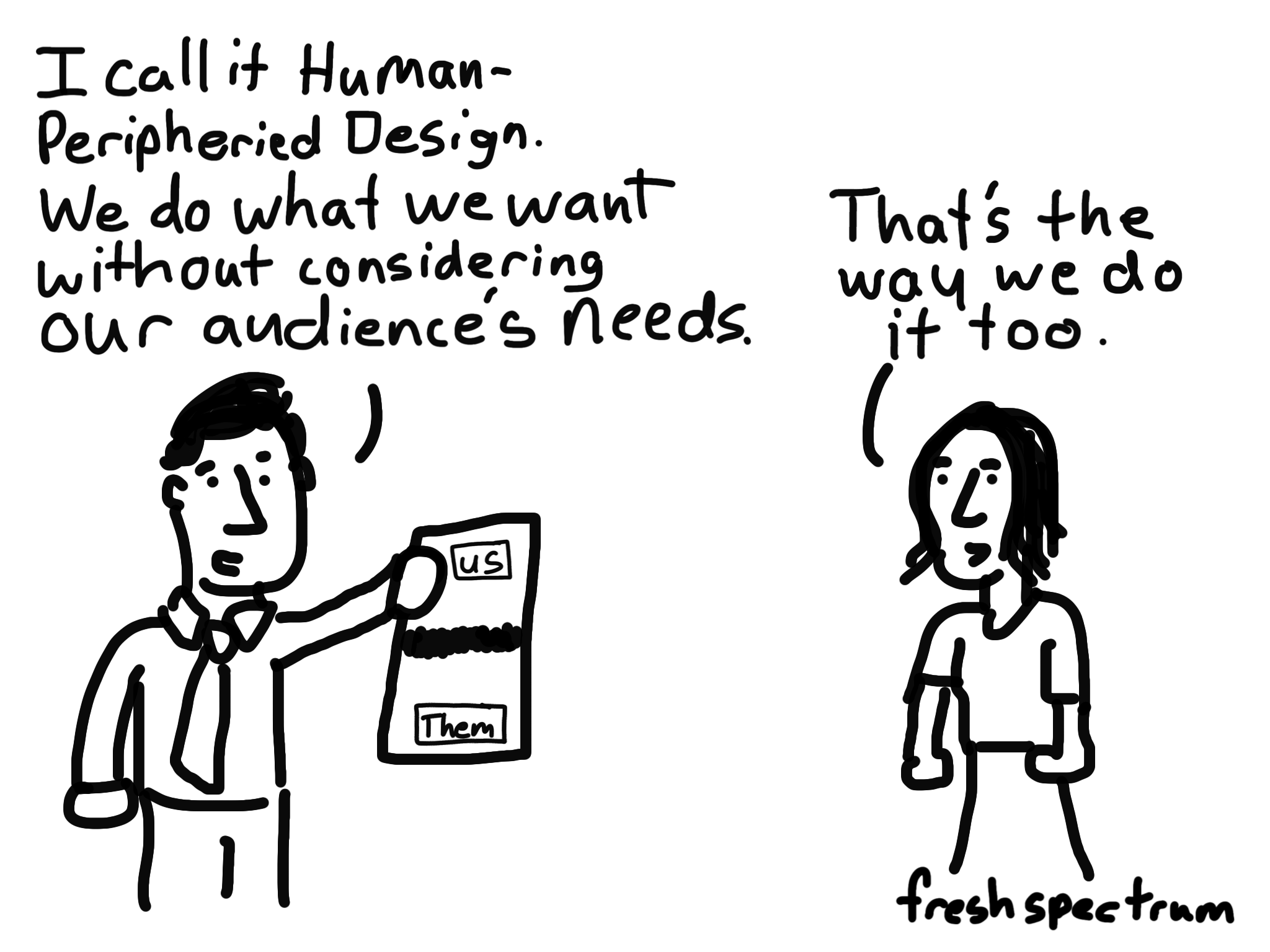 Cartoon-I call it human-peripheried design. We do what we want without considering our audience's needs...That's the way we do it too.
