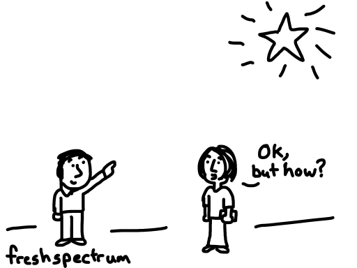 A man points to a star, a woman next to him asks, "Ok, but how?"