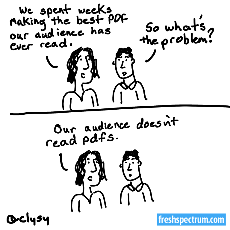 Cartoon: We spent weeks making the best PDF our audience has ever read. So what's the problem? Our audience doesn't read PDFs.