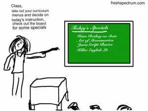 Fresh Spectrum cartoon showing a teacher presenting a range of choices for each students daily education