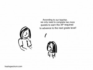 Fresh Spectrum cartoon showing a small child telling her mother that with a little bit more XP her class will soon move to the next grade level