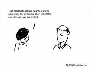 Fresh Spectrum cartoon showing a student talking to their professor saying how they started teaching courses online and now believe the professor's classes are overpriced