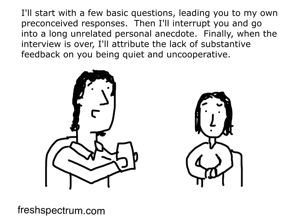 Freshspectrum cartoon showing a qualitative interviewer controlling an interview.