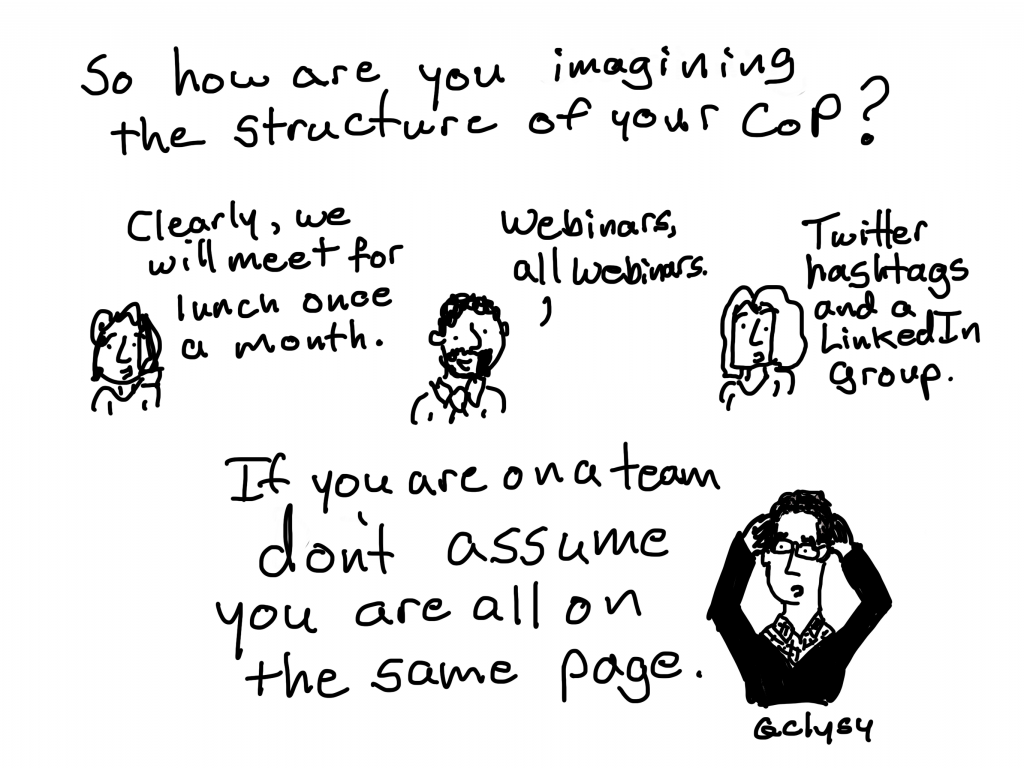 So how are you imagining the structure of your CoP?
Clearly, we will meet for lunch once a month.
Webinars, all webinars.
Twitter hashtags and a LinkedIn group.
If you are on a team don't assume you are all on the same page.
