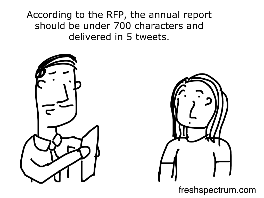 Cartoon by Chris Lysy
"According to the RFP, the annual report should be under 700 characters and delivered in 5 tweets."