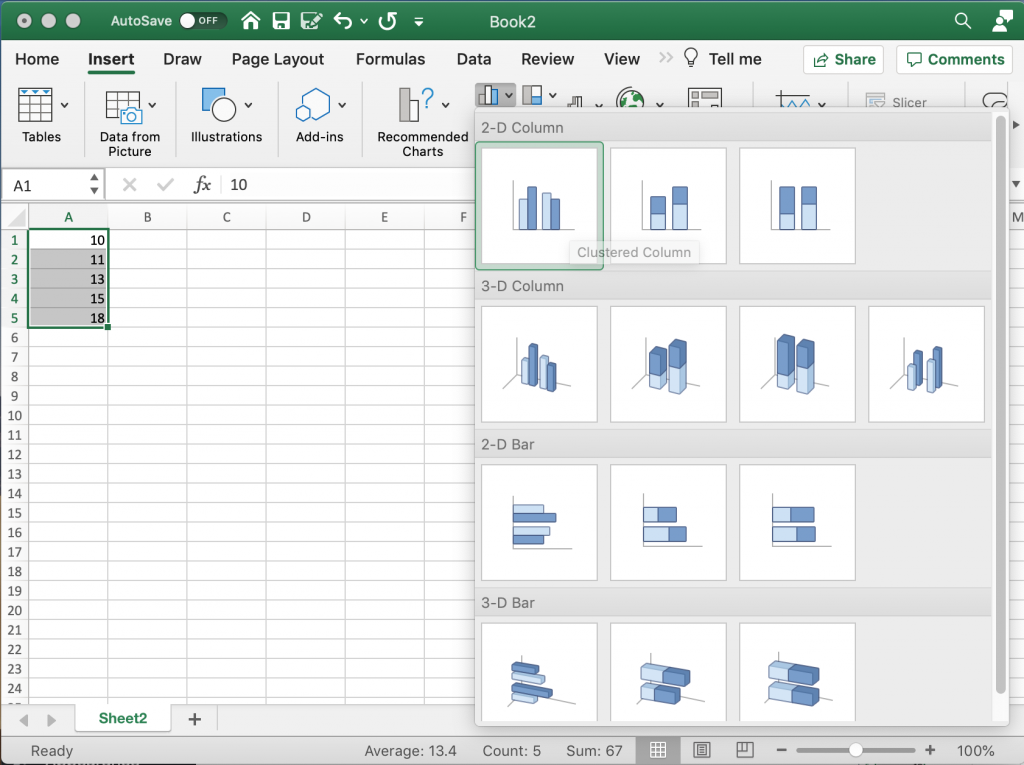 Step 2 in creating a Bar Chart in Excel.