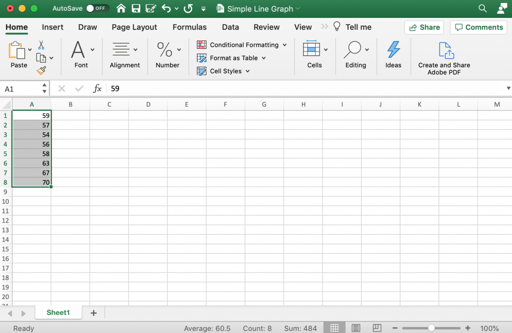 How to create a line graph in Excel - Step 1