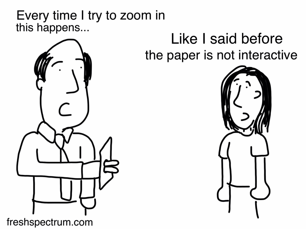 Freshspectrum Cartoon.  
"Every time I try to zoom in this happens..."
"Like I said before, the paper is not interactive."