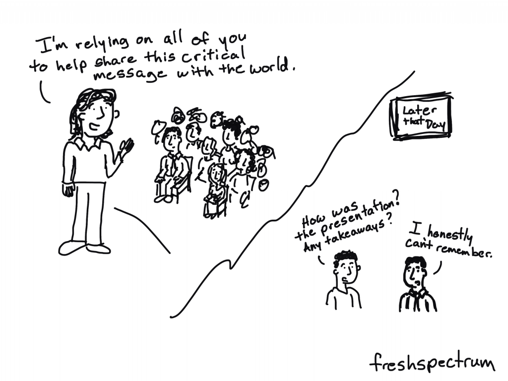 freshspectrum cartoon by Chris Lysy. "I'm relying on all of you to help share this critical message with the world."
Later that Day
"How was the presentation?  Any takeaways?"
"I honestly can't remember."