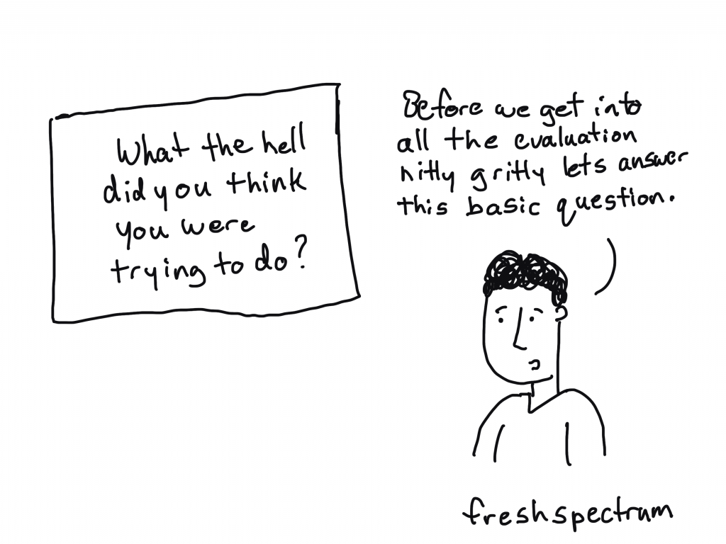 Freshspectrum cartoon by Chris Lysy. Before we get into all the evaluation nitty gritty let's answer this basic question.
What the hell did you think you were trying to do?