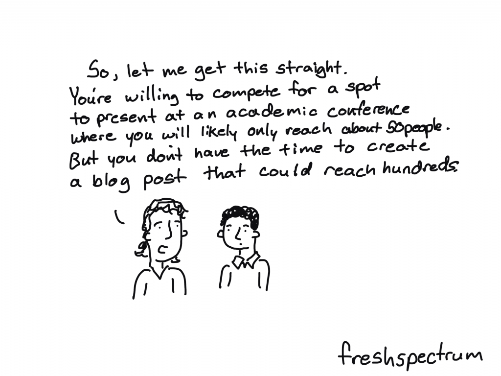 freshspectrum cartoon by Chris Lysy
"So, let me get this straight. You're willing to compete for a spot to present at an academic conference where you will likely only reach about 50 people. But you don't have the time to create a blog post that could reach hundreds."