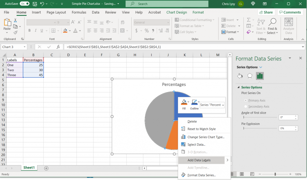 How to make a pie chart in Excel Example Screenshot, Directly label pie chart slices