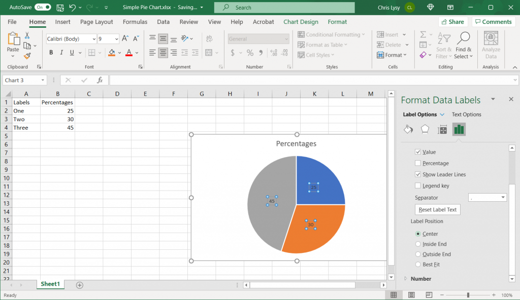 How to make a pie chart in Excel Example Screenshot, Changing the Label Position