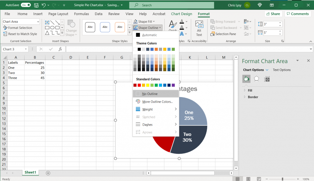How to make a pie chart in Excel Example Screenshot, taking away the chart outline