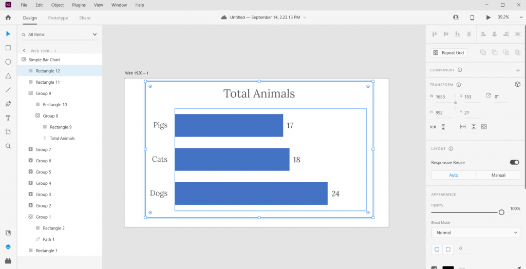 Screenshot of Adobe XD with an SVG Excel chart.