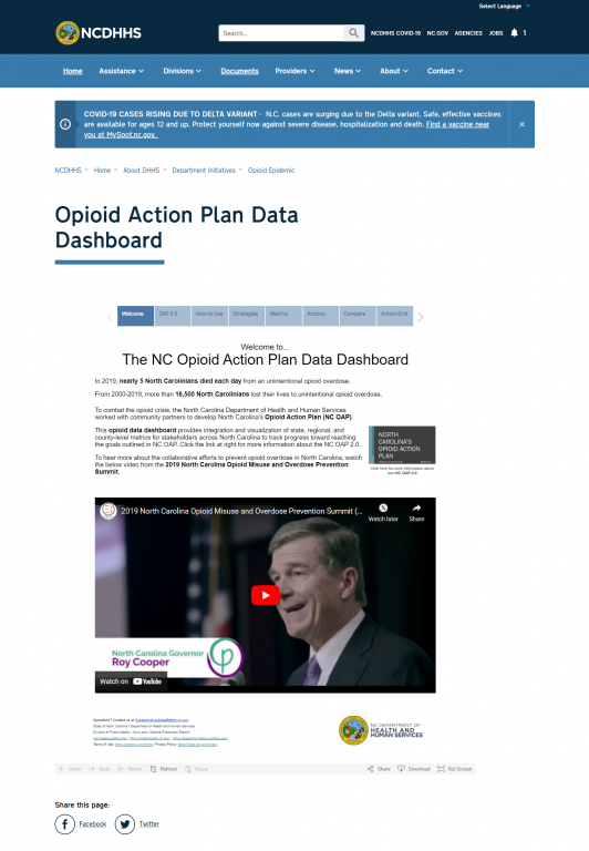 The NC Opioid Action Plan Data Dashboard.  Screenshot taken on 9/21/2021