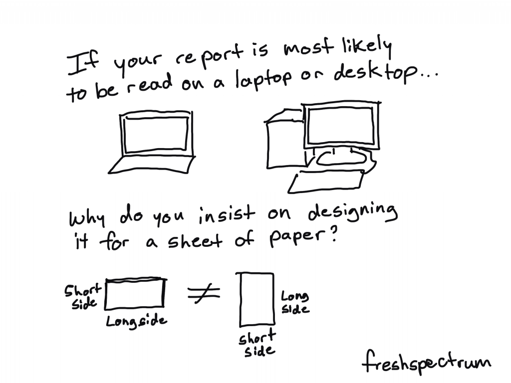 Freshspectrum cartoon by Chris Lysy.
"If your report is most likely to be read on a laptop or desktop...Why do you insist on designing it for a sheet of paper?