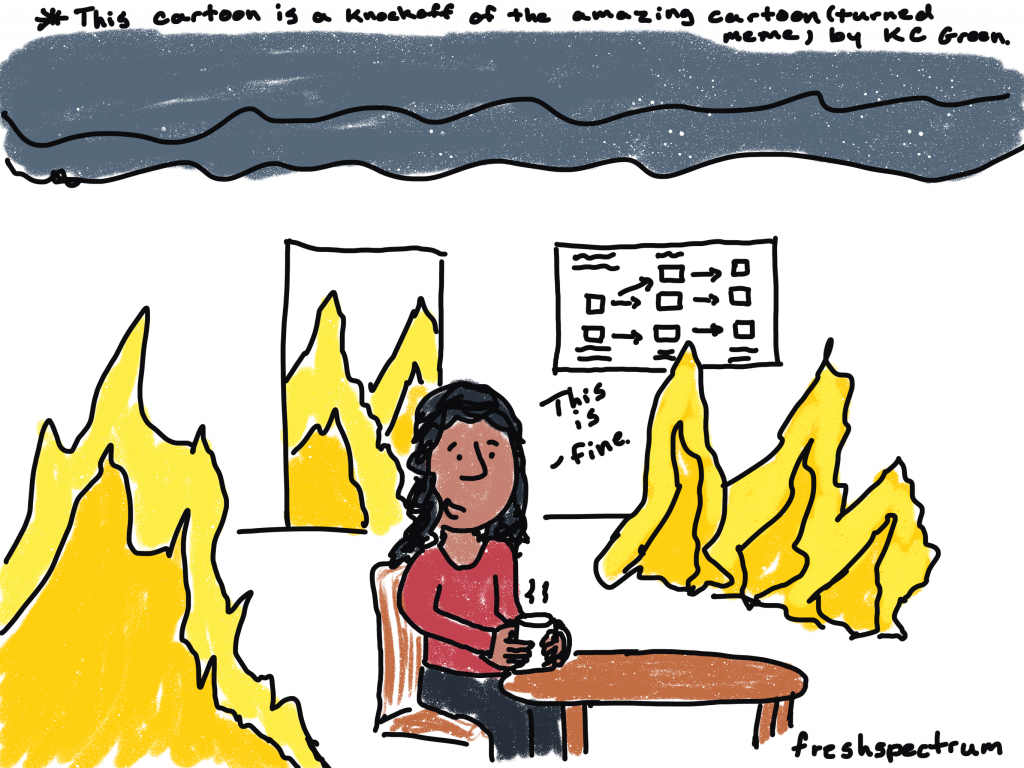 freshspectrum cartoon by Chris Lysy

There is a lady sitting at a table drinking coffee. There is a logic model on the wall. The room is on fire.  She is saying, "This is fine."

This cartoon is a knockoff of the amazing cartoon (turned meme) by KC Green