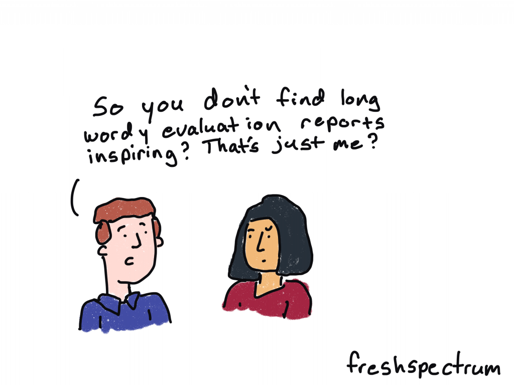 freshspectrum cartoon by Chris Lysy. 
Man says to woman, "So you don't find long wordy evaluation reports inspiring? That's just me?"