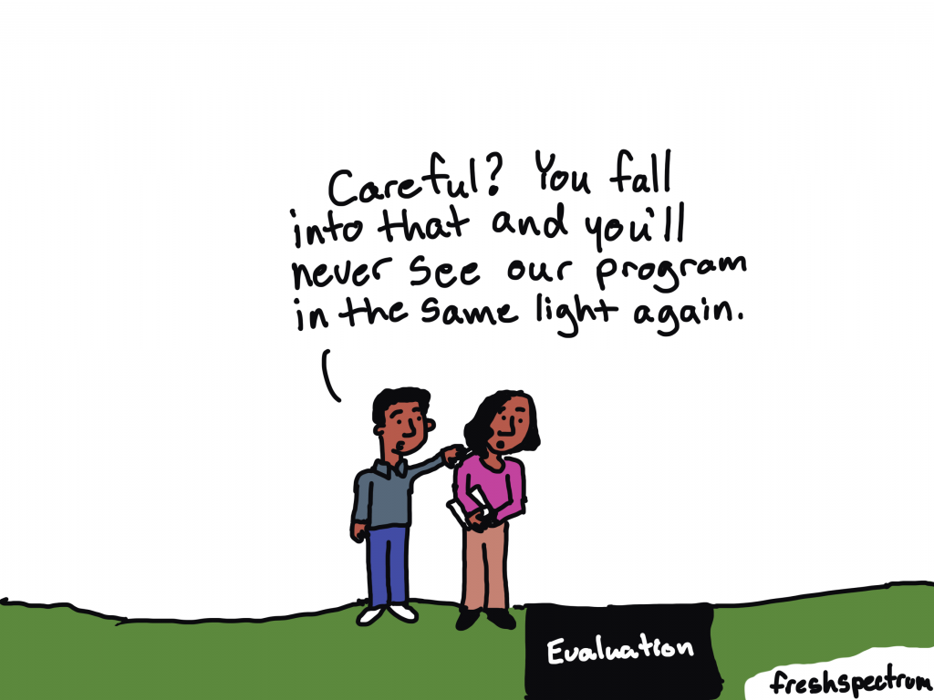 Fresh Spectrum Cartoon by Chris Lysy.
One person stopping a second person from falling into a hole labeled "Evaluation."
Person 1 says, "Careful! You fall into that and you'll never see our program in the same light again."
