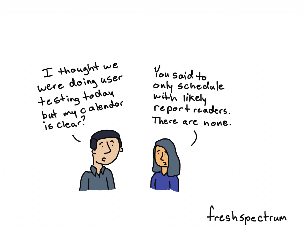 freshspectrum cartoon by Chris Lysy
Person 1 "I thought we were doing user testing today but my calendar is clear?"
Person 2 "You said to only schedule with likely report readers. There are none."