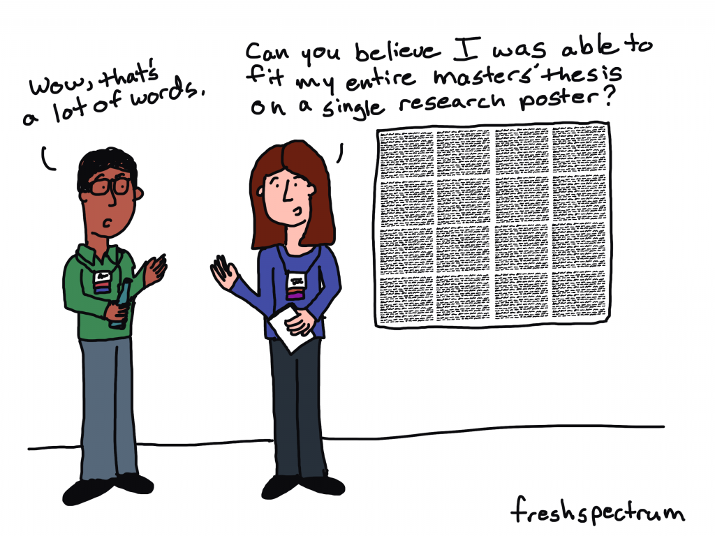 freshspectrum cartoon by Chris Lysy.
"Wow, that's a lot of words."
"Can you believe I was able to fit my entire master's thesis on a single research poster?"