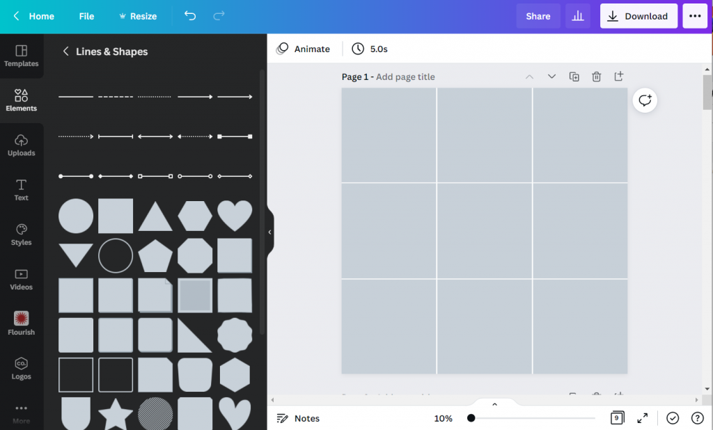 Creating a 3 by 3 grid in Canva.