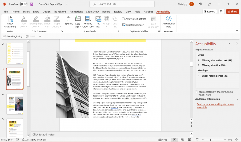 Screenshot of PowerPoint Accessibility Inspection Results.