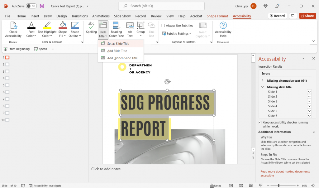 Screenshot of setting a slide title in Microsoft PowerPoint.
