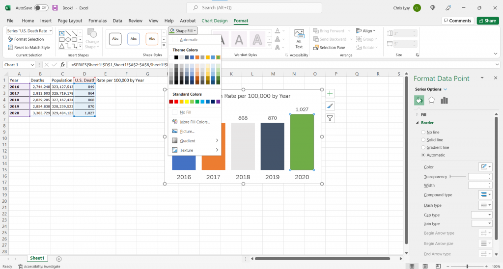 Creating a rainbow color bar chart in Excel.  [Screenshot]
