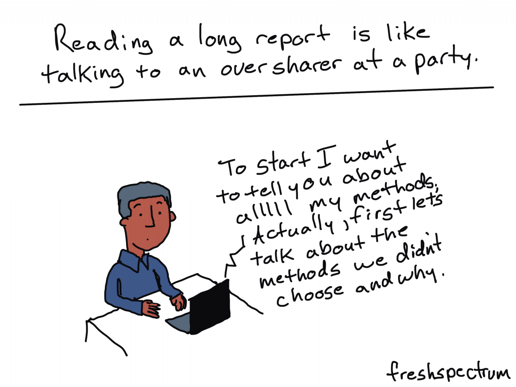 Reading a long report is like talking to an oversharer at a party.
"To start I want to tell you about alllll my methods. Actually, first let's talk about the methods we didn't choose and why."