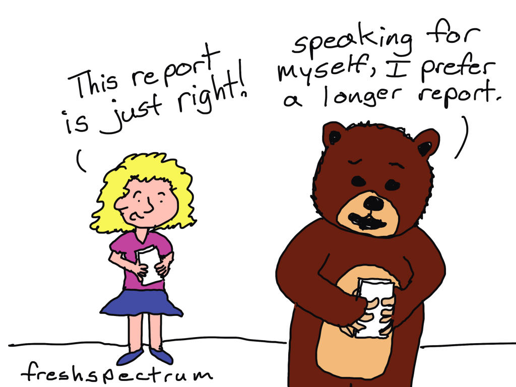 Goldilocks talking to a bear.
"This report is just right!"
Bear replies, "speaking for myself, I prefer a longer report."