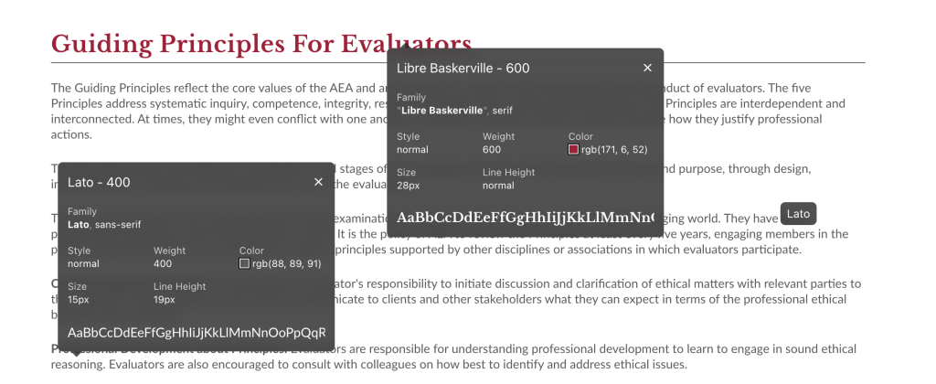 Screenshot showing the fonts used on the AEA guiding principles page.