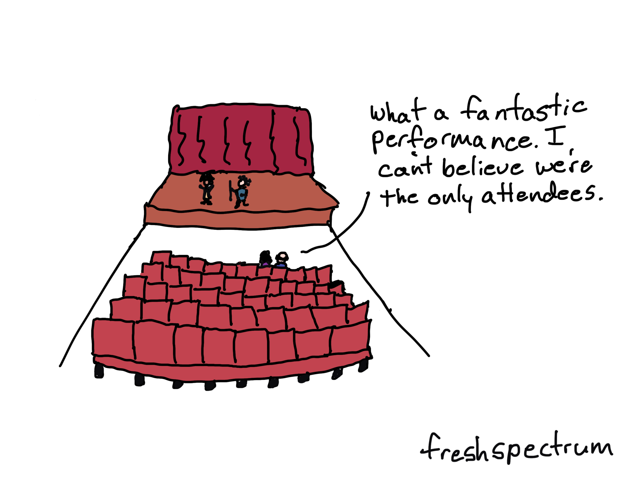 FreshSpectrum Comic - Inside a theatre with two audience members.  One says to the other, "what a fantastic performance. I can't believe we're the only attendees."