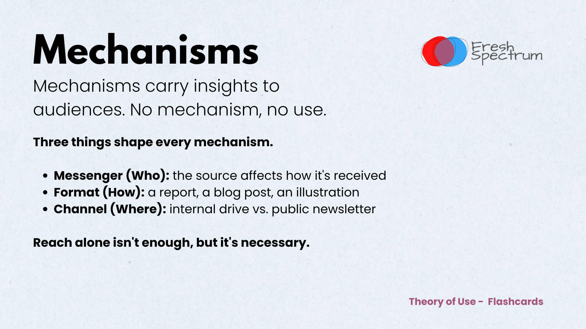 Theory of Use Flashcards - Mechanisms

Mechanisms carry insights to audiences. No mechanism, no use.

Three things shape every mechanism:

Messenger (Who) — the source affects how it's received
Format (How) — a report, a blog post, an illustration
Channel (Where) — internal drive vs. public newsletter

Reach alone isn't enough — but it's necessary.